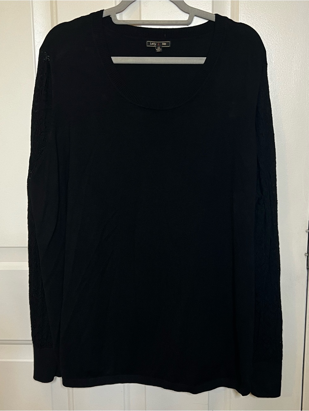 Lightweight Black Scoop Neck Sweater by Lety & Me with lacy pointelle sleeves